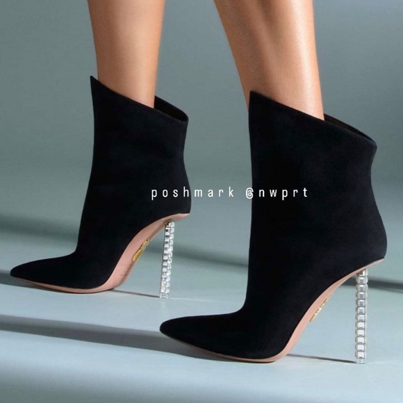AQUAZURRA Rock Chic Black Suede Booties Ankle Boots Heels 38 7 105mm Box - Picture 1 of 12